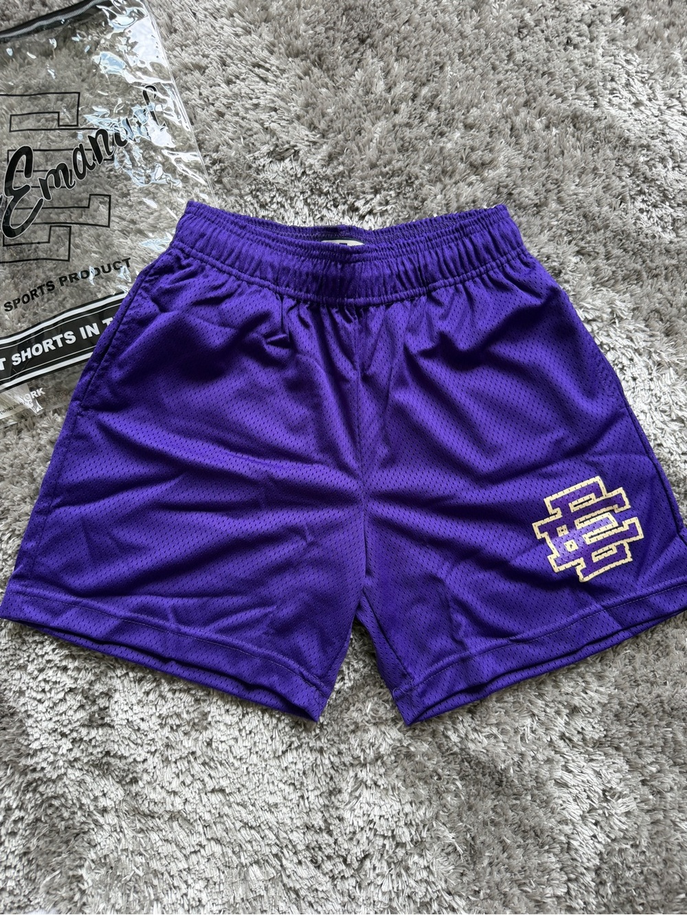 NWT Eric Emanuel Purple Athletic Shorts with Gold Logo